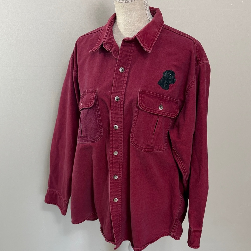 Cabela's Burgundy Red Casual Button-Down Shirt with Black Lab Embroidered